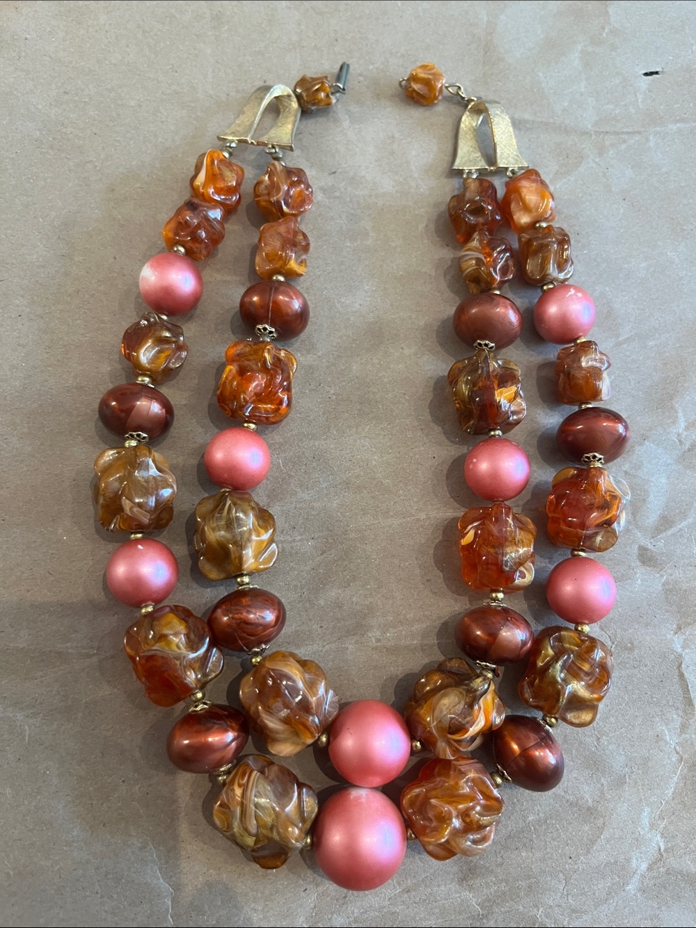 Vintage Japanese double -Strand molded Amber and Pink Beaded Statement choker